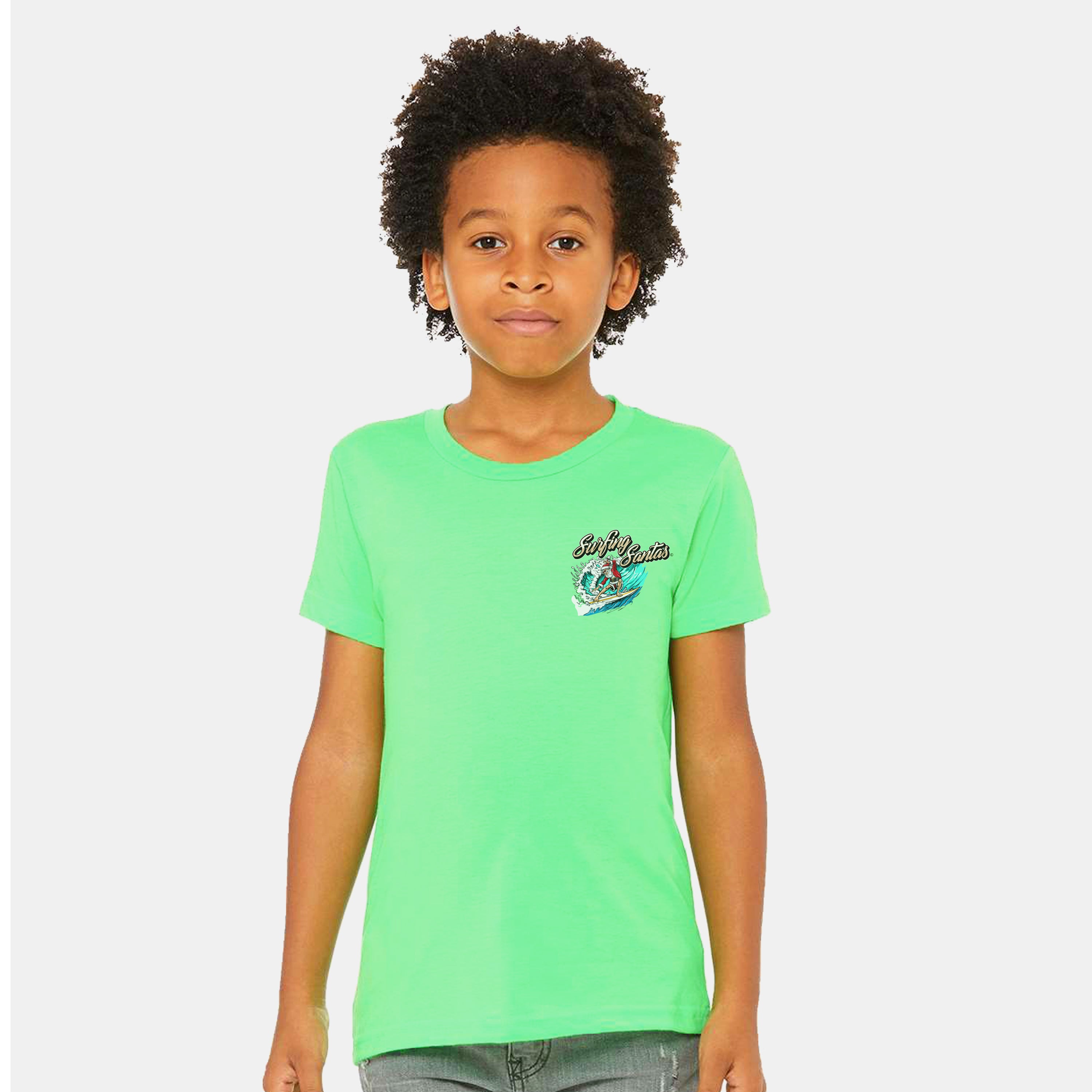 Kids Green Tee – Surfing Santas